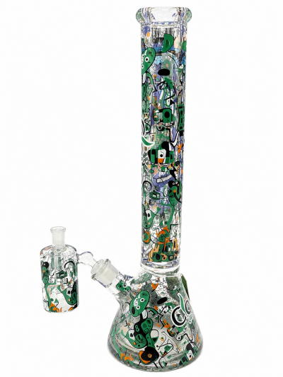 Water Pipe - Glass - Clover - Green Modern Art Design W/ Matching Ash Catcher (Wpa-634)