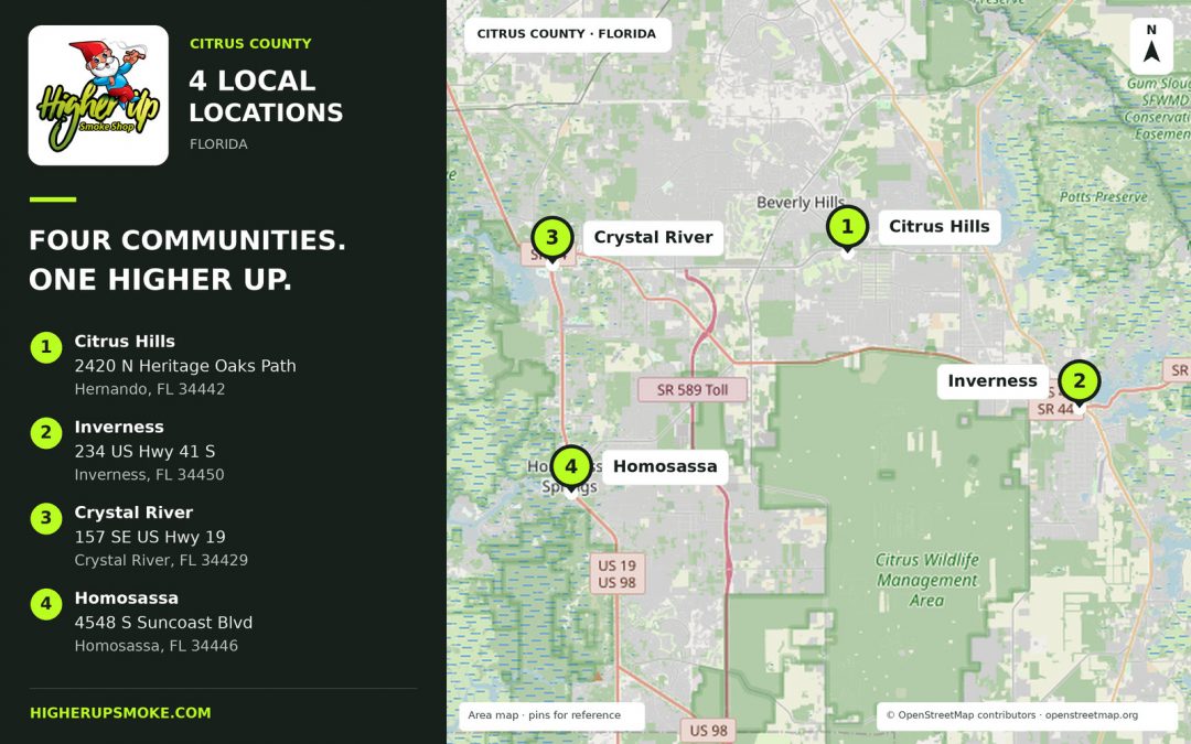 Map of Higher Up locations in Citrus Hills, Inverness, Crystal River and Homosassa