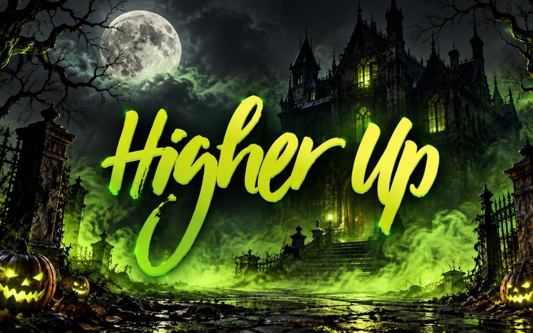 Higher Up Halloween illustration with a moonlit castle and glowing pumpkins