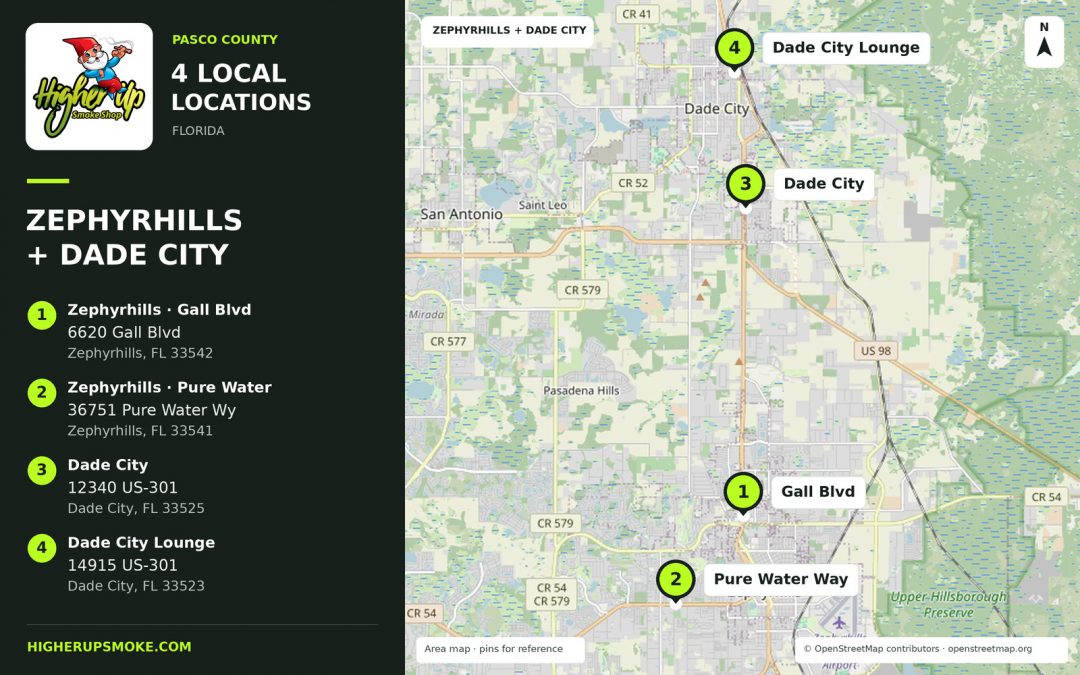 Map of four Higher Up locations in Zephyrhills and Dade City