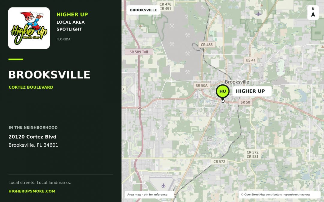 Higher Up Brooksville area map showing the store at 20120 Cortez Blvd, Brooksville, FL 34601.