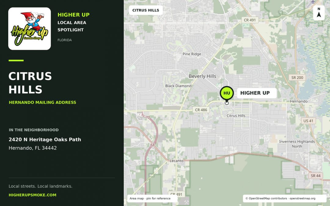 Higher Up Citrus Hills area map showing the store at 2420 N Heritage Oaks Path, Hernando, FL 34442.