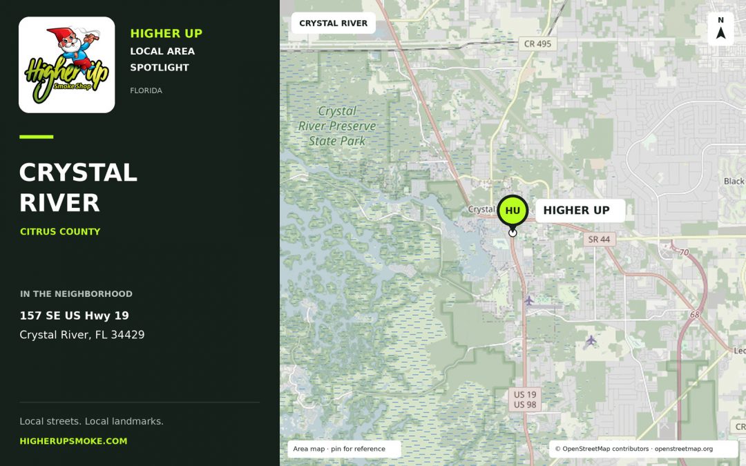 Higher Up Crystal River area map showing the store at 157 SE US Hwy 19, Crystal River, FL 34429.