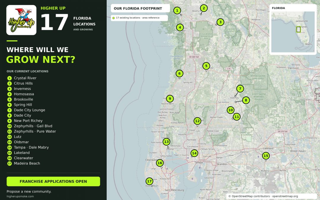 Map of 17 Higher Up locations across west-central Florida