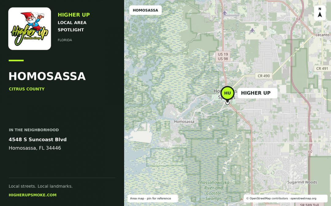 Higher Up Homosassa area map showing the store at 4548 S Suncoast Blvd, Homosassa, FL 34446.