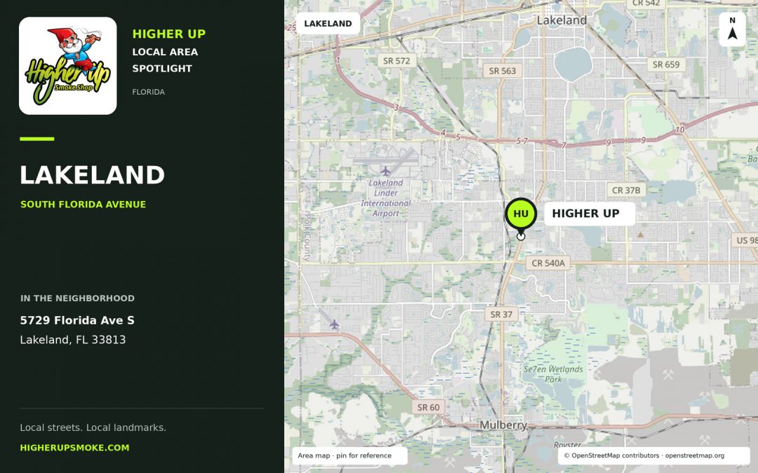 Higher Up Lakeland area map showing the store at 5729 Florida Ave S, Lakeland, FL 33813.