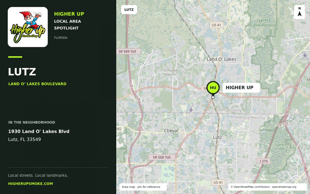 Higher Up Lutz area map showing the store at 1930 Land O' Lakes Blvd, Lutz, FL 33549.