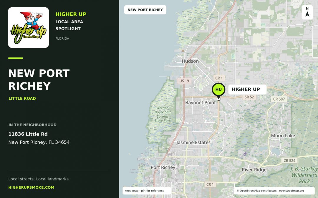 Higher Up New Port Richey area map showing the store at 11836 Little Rd, New Port Richey, FL 34654.