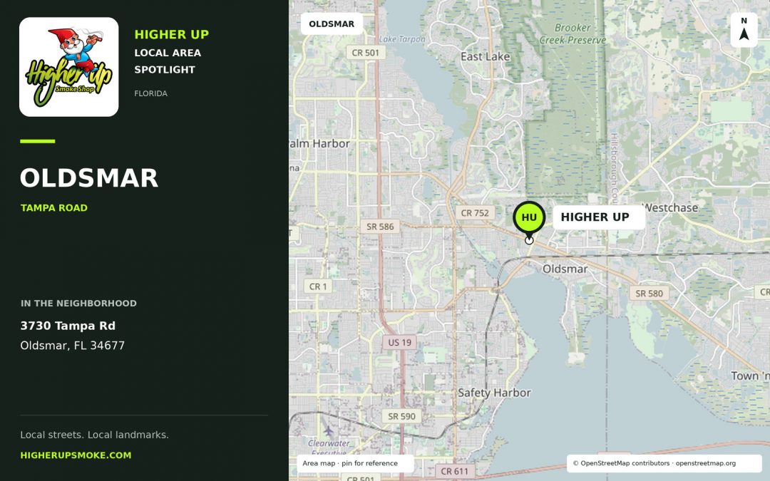 Higher Up Oldsmar area map showing the store at 3730 Tampa Rd, Oldsmar, FL 34677.