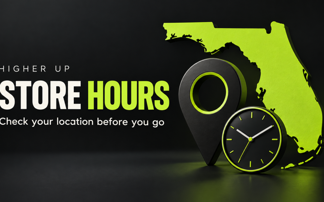 Higher Up store hours graphic with a Florida map, location pin and clock